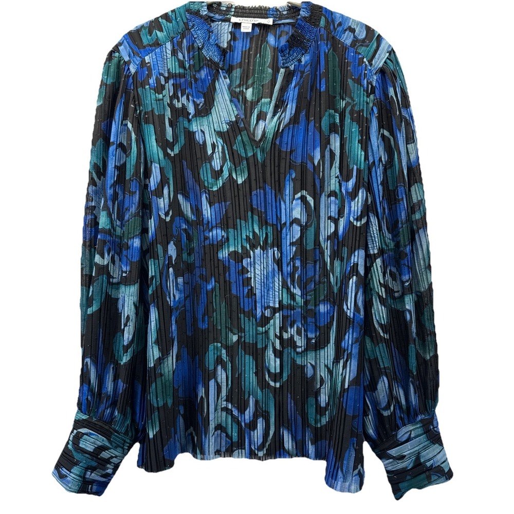 Chico's Top Blouse Size Large Blue Green Black Silky Accordion Pleats V Neck